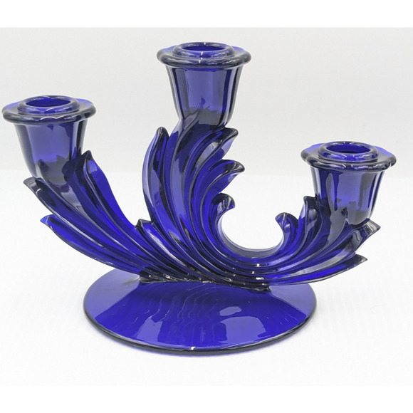 Fostoria Glass Baroque Regal Blue Cobalt 3 Light Candlestick Set of 2 Rare #2496 - Picture 7 of 12